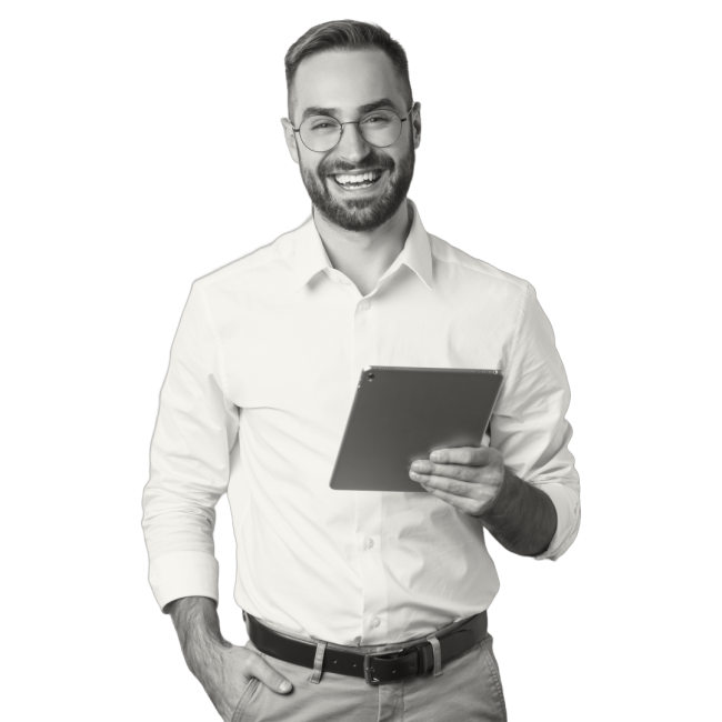 Professional man holding a tablet displaying CIT's free cybersecurity checklist, embodying the essential step towards empowering businesses with comprehensive digital protection & innovative growth strategies.