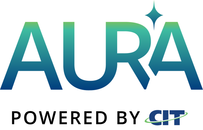 Sleek, modern logo featuring 'Aura' in a vibrant gradient, with 'powered by CIT' in a professional sans-serif font