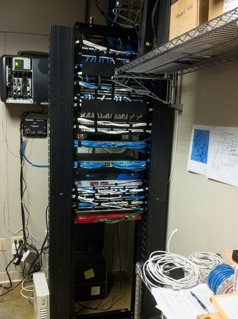 Organized network cables on a server rack