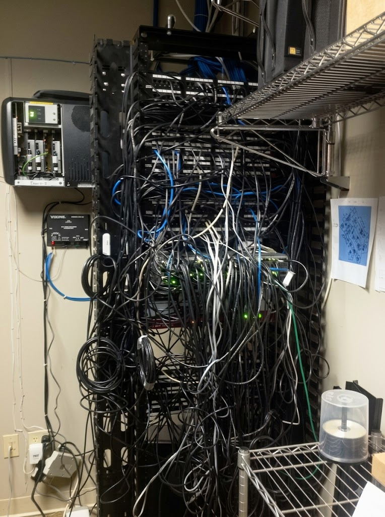 Messy network cables on a disorganized server rack